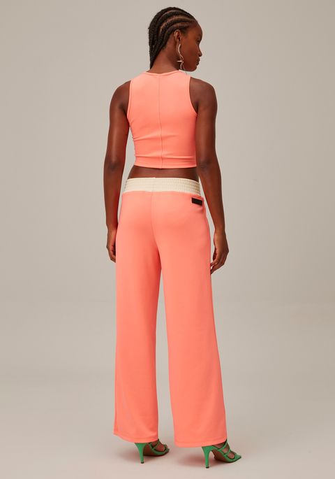 Calça Wide Leg Com Fenda Cintura Alta