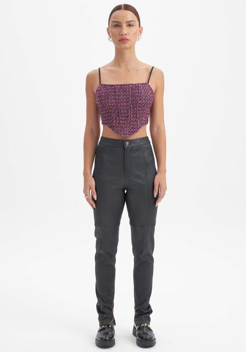 Legging De Couro Com Zíper Barra