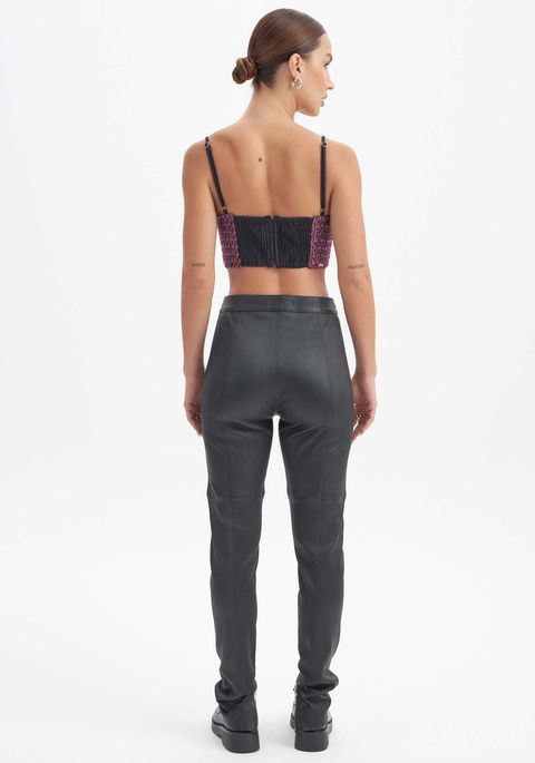 Legging De Couro Com Zíper Barra