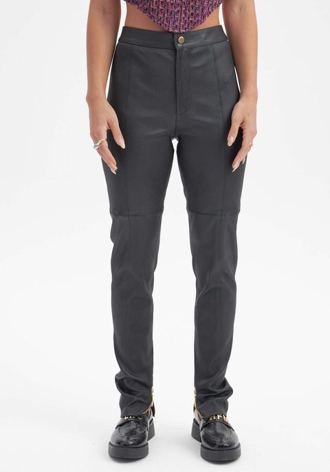 Legging De Couro Com Zíper Barra