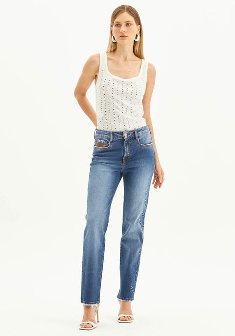 Calça Jeans Split Slim Cintura Alta
