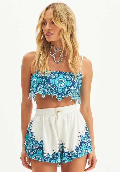 Top Cropped Estampado Com Bordado