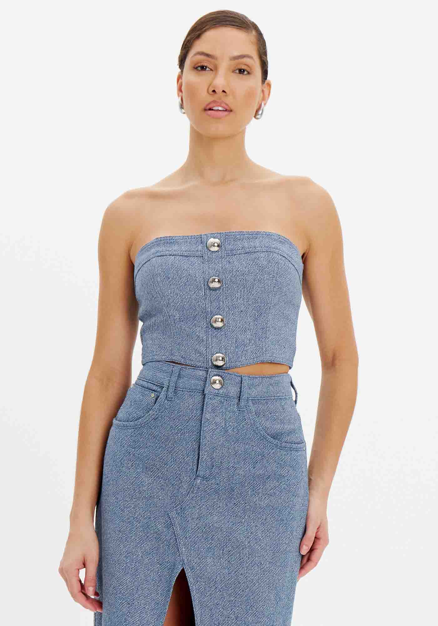 Top Jeans Com Botões E Zíper Posterior