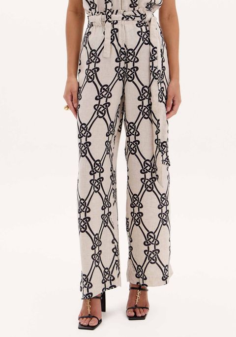 Calça Wide Leg Estampada Linho
