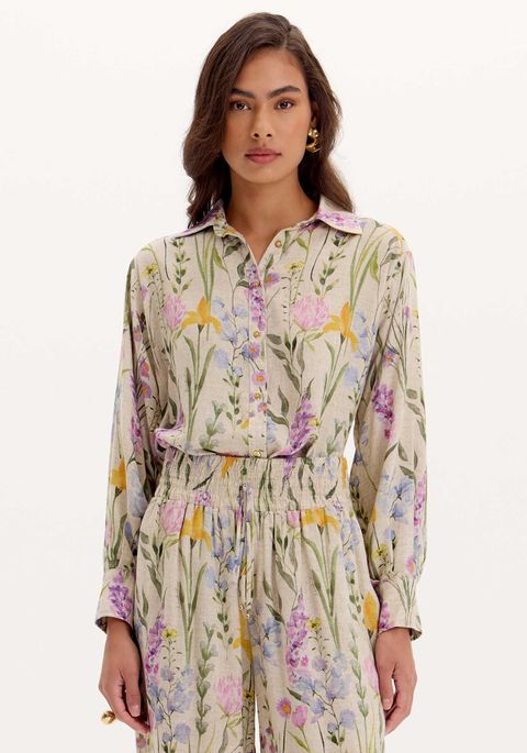 Camisa Estampa Floral Alongada Linho