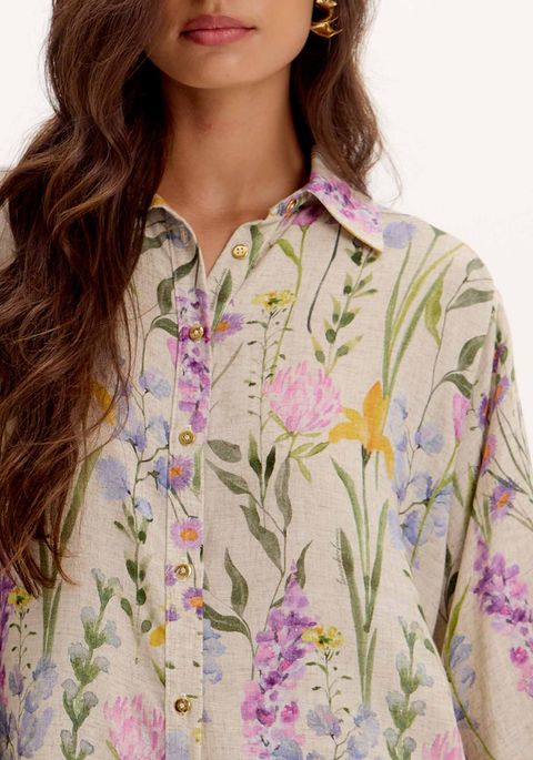 Camisa Estampa Floral Alongada Linho