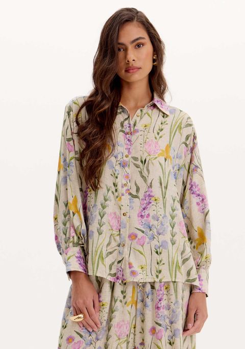Camisa Estampa Floral Alongada Linho
