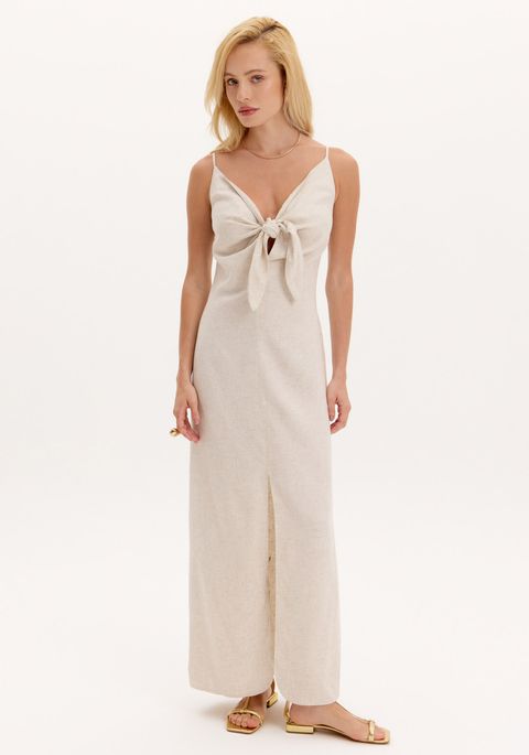 Vestido Super Midi Com Fenda Linho