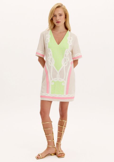 Vestido Curto Solto Estampado Linho