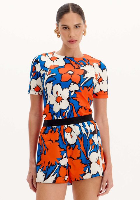 Blusa De Mangas Curtas Estampada Com Gola Redonda