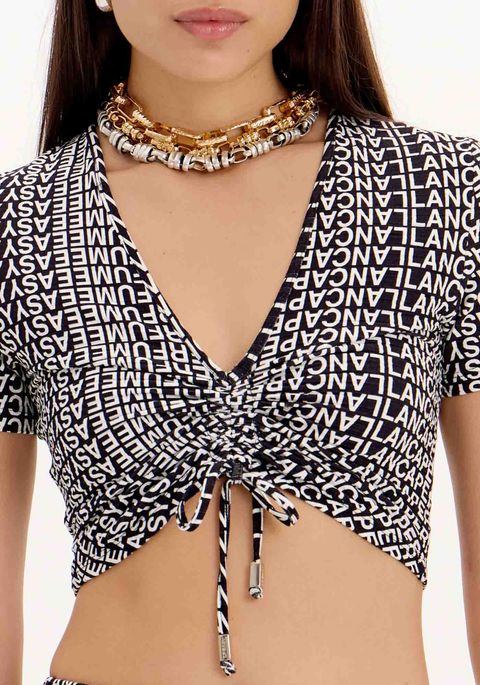 Blusa Cropped Estampada De Mangas Curtas Com Amarração