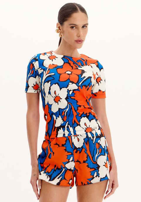 Blusa De Mangas Curtas Estampada Com Gola Redonda