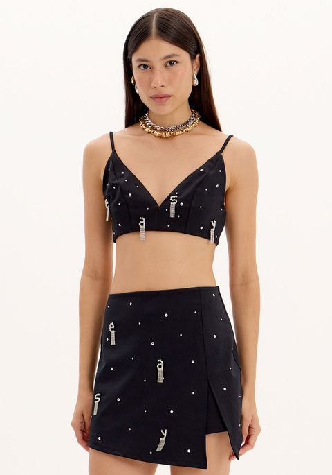 Top Cropped De Alças Com Decote Em V E Apliques De Brilhos