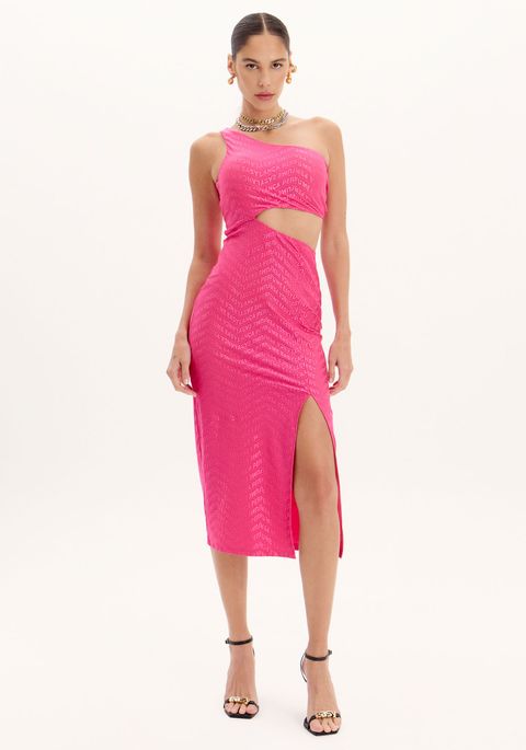 Vestido Super Midi Ombro Único Com Fenda E Logomania