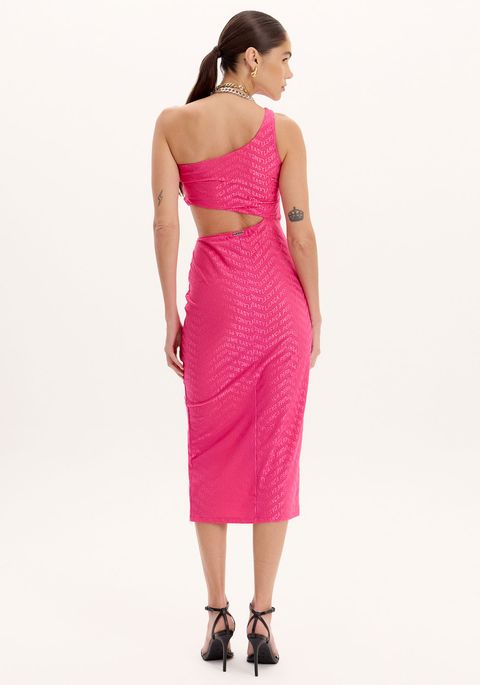 Vestido Super Midi Ombro Único Com Fenda E Logomania