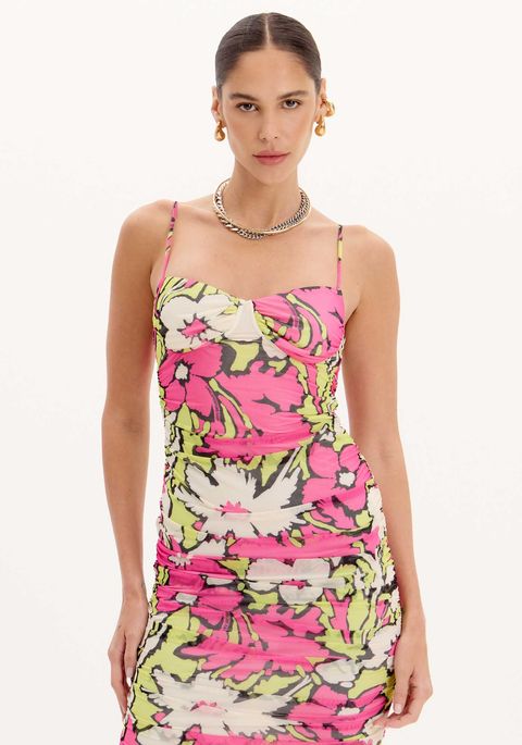 Vestido Midi Drapeado De Alças Com Estampa Floral