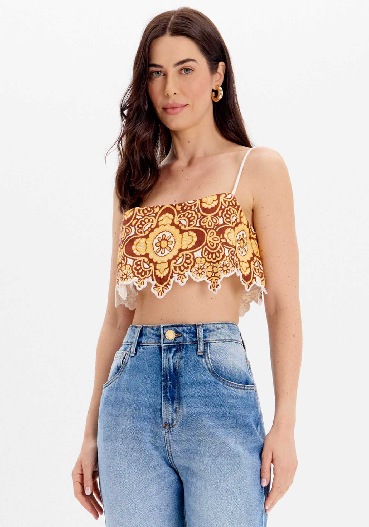 Top Cropped Estampado Com Bordado