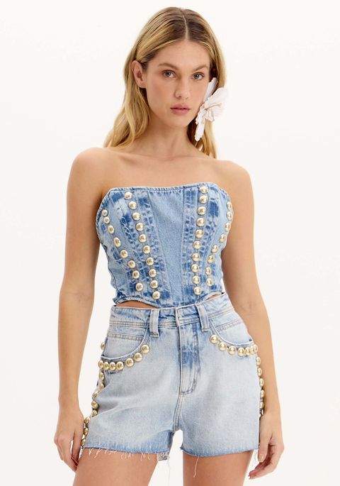 Blusa Jeans Curta Corset Com Tachas E Zíper
