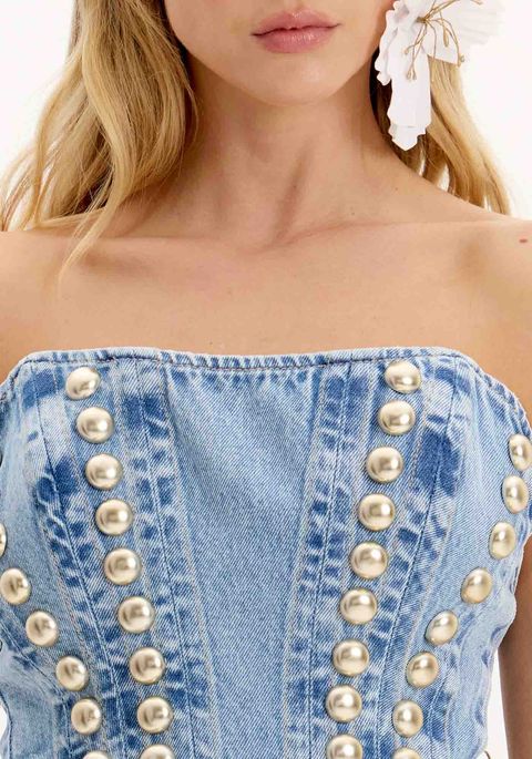 Blusa Jeans Curta Corset Com Tachas E Zíper