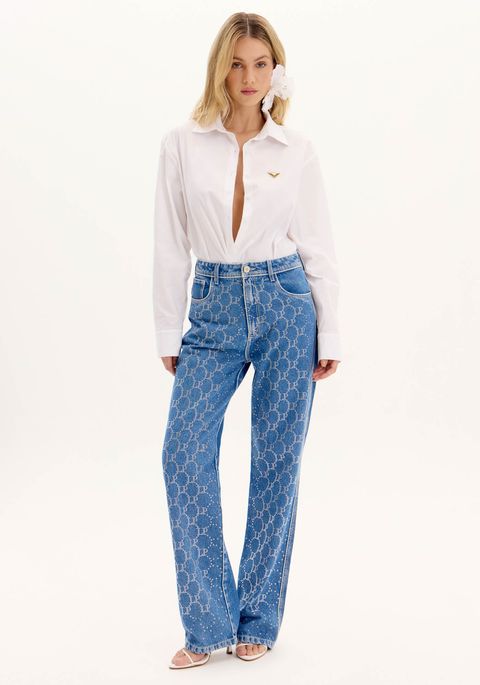 Calça Jeans Reta Com Cintura Alta E Monogramas