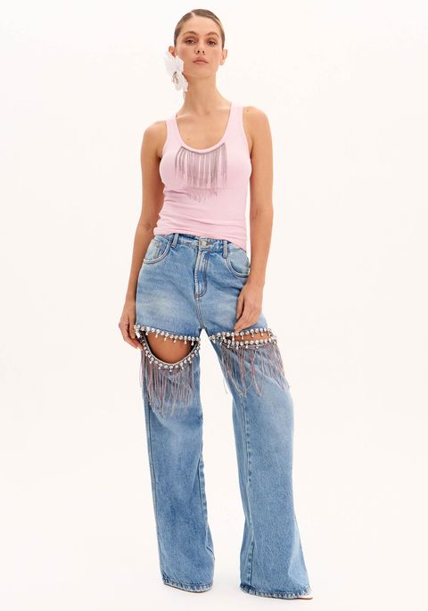 Calça Jeans Wide Leg Com Recortes E Franjas Brilhantes