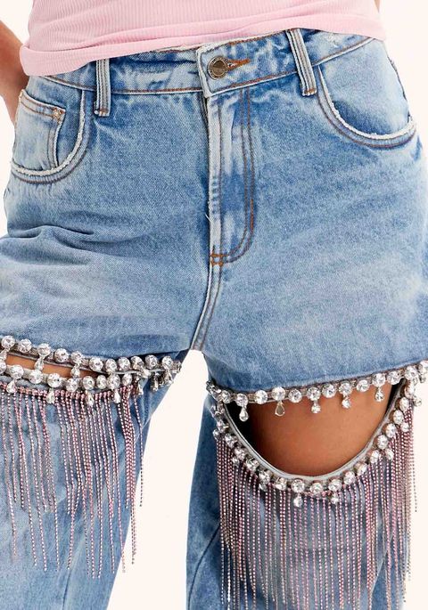 Calça Jeans Wide Leg Com Recortes E Franjas Brilhantes