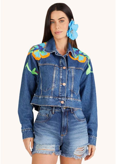 Jaqueta Jeans Trucker Com Bordados Florais