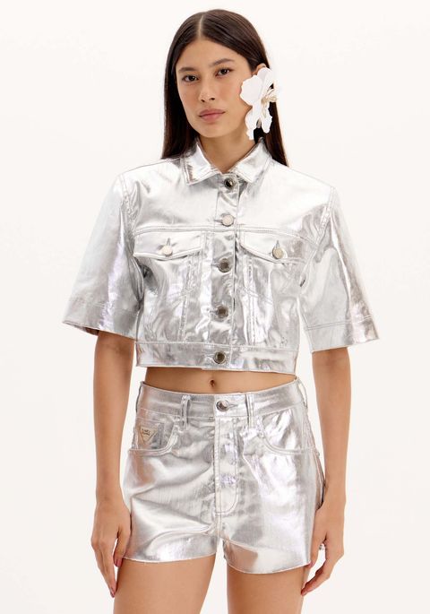 Jaqueta Jeans com Manga Curta Metalizada