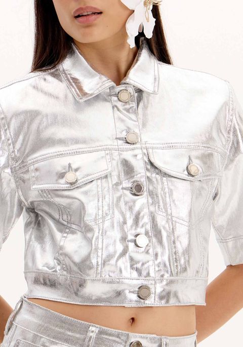 Jaqueta Jeans com Manga Curta Metalizada