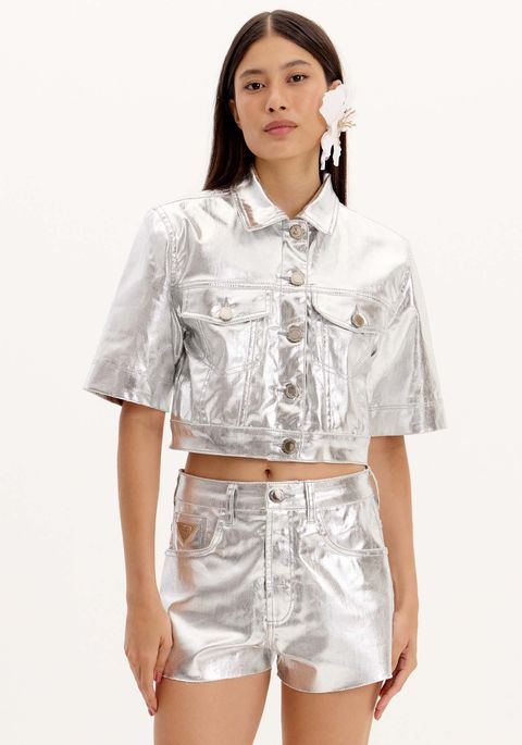 Jaqueta Jeans com Manga Curta Metalizada