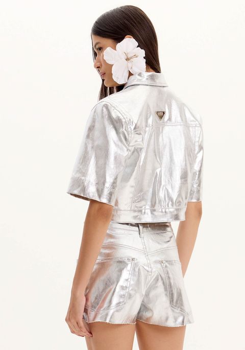 Jaqueta Jeans com Manga Curta Metalizada