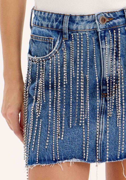 Saia Jeans Curta Cintura Alta Franjas de Brilho