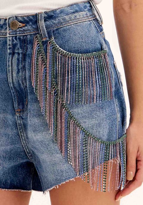 Short Jeans Grandfather com Franjas de Brilhos