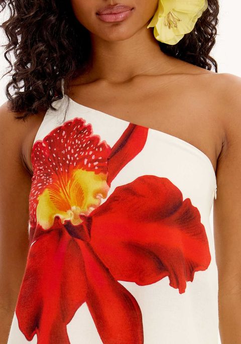 Blusa Ombro Único Com Alça Dupla E Estampa De Maxi Flor