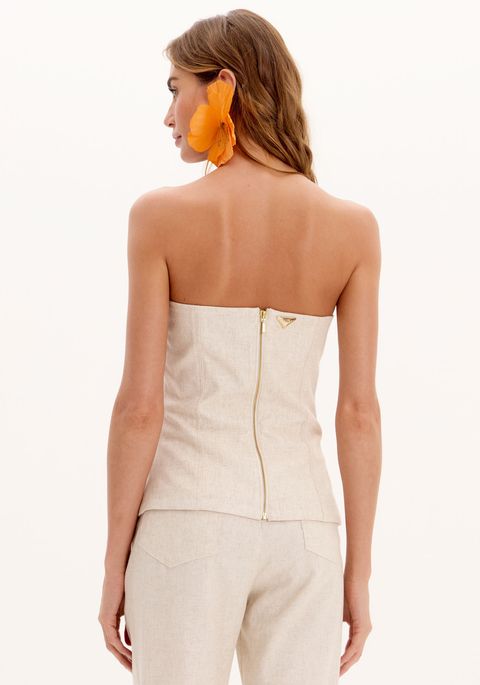 Blusa Alongada Sem Alças Com Botões E Zíper Posterior