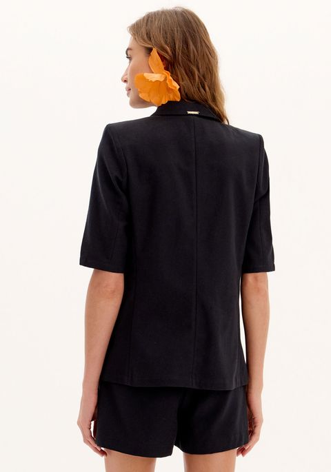 Blazer De Mangas Curtas Com Lapelas E Aplicações Florais