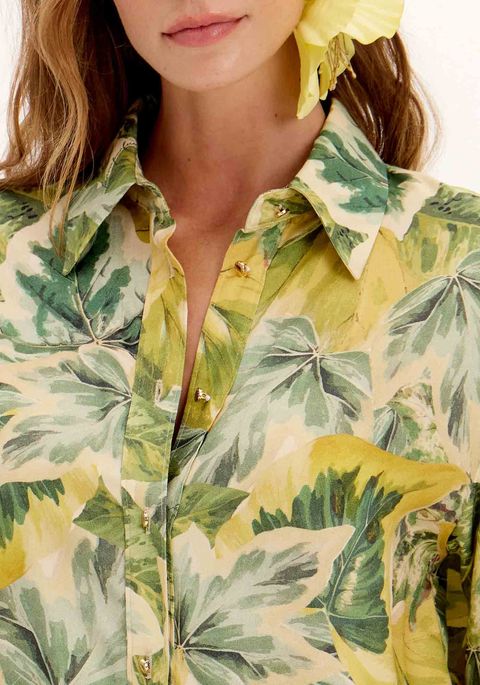 Camisa Alongada Manga Ampla Estampada