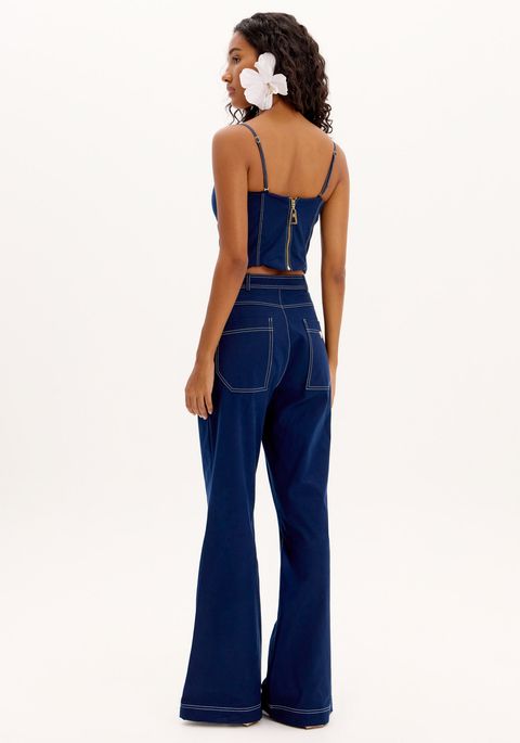 Calça Flare Com Cintura Alta E Costura Pespontada