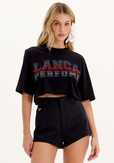 Blusa T-shirt Cropped De Mangas Curtas Com Brilhos