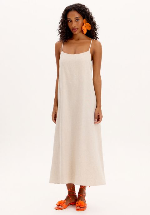 Vestido Midi Floral Fundo Branco Alças Finas - Lança Perfume