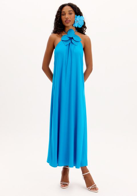 Vestido Longo Frente Única Com Flor E Aplicações De Brilhos