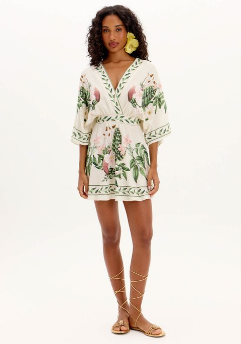 Vestido Curto Evasê Estampado Com Decote Em V