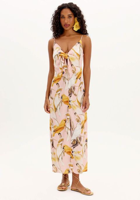 Vestido Super Midi Estampado Com Fenda E Amarração Frontal