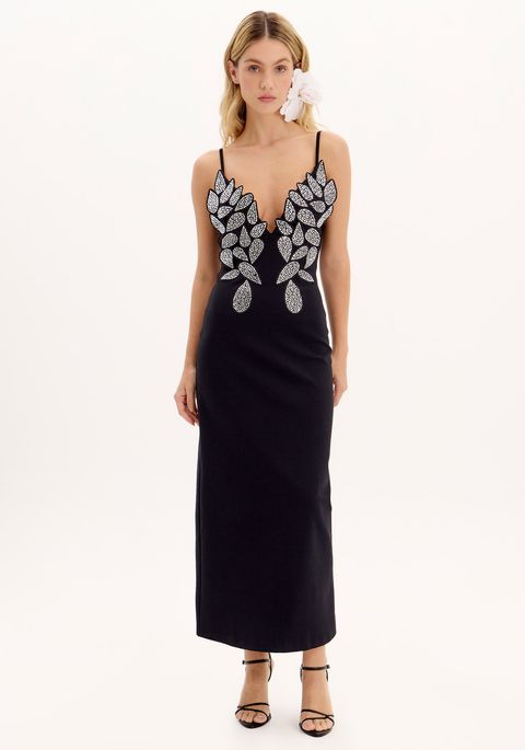 Vestido Reto Super Midi De Alças Com Aplicações De Brilhos