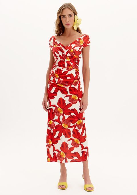 Vestido Justo Ombro A Ombro Super Midi Estampado