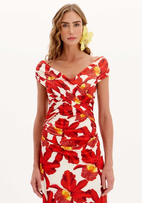 Vestido Justo Ombro A Ombro Super Midi Estampado