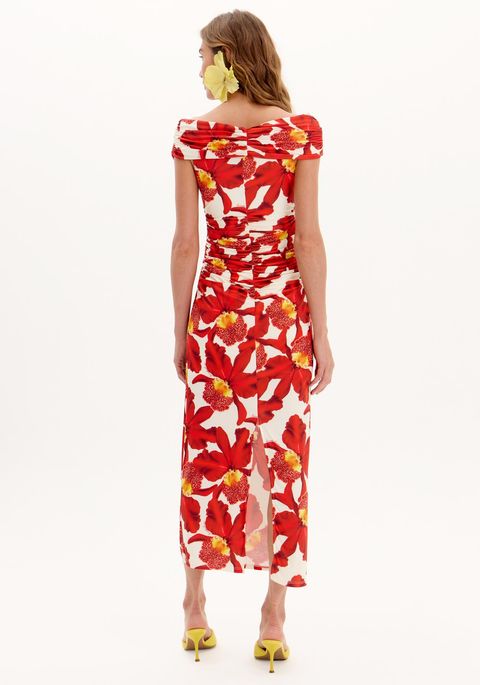 Vestido Justo Ombro A Ombro Super Midi Estampado
