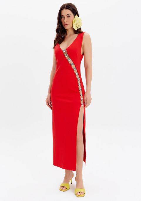 Vestido Super Midi De Alças Com Recorte E Fenda