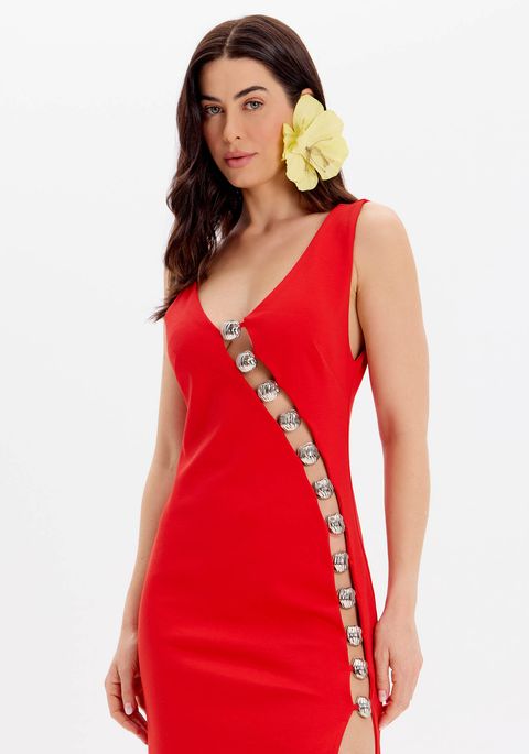 Vestido Super Midi De Alças Com Recorte E Fenda