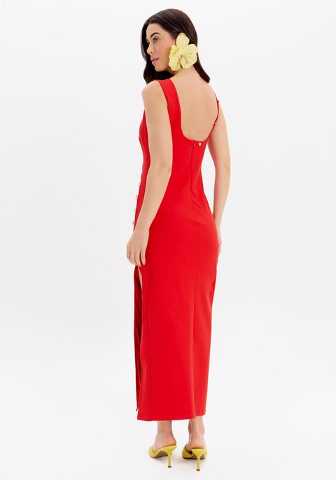 Vestido Super Midi De Alças Com Recorte E Fenda